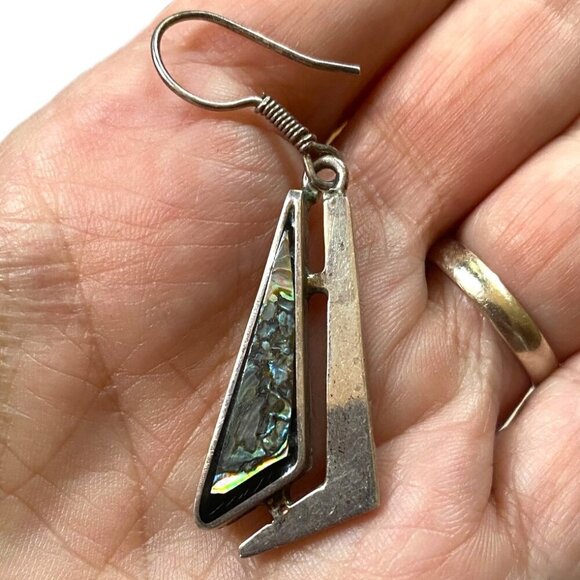 Vintage silver and abalone Mexican dangle earrings stamped 925 Mexico TC-209 - Picture 6 of 12